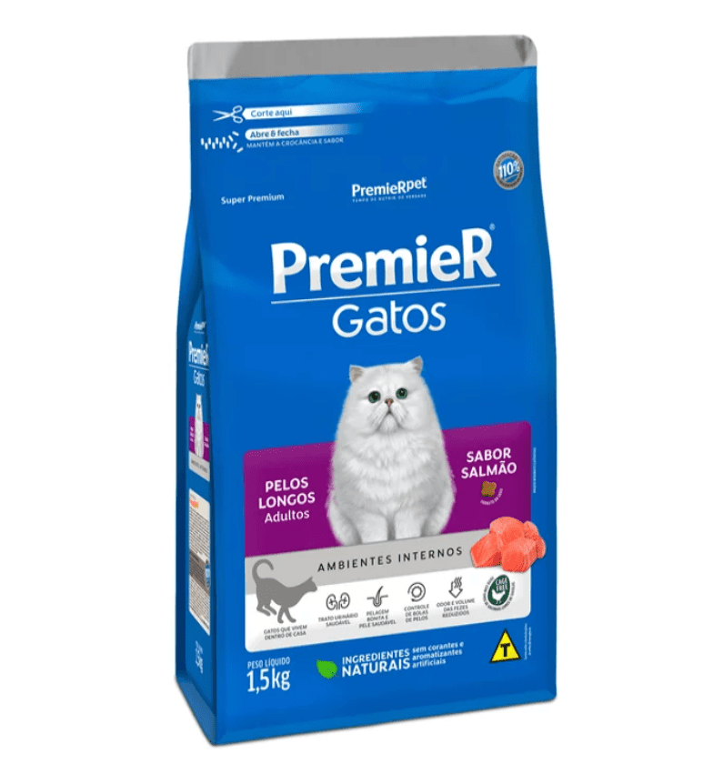 Ração Premier Ambientes Internos Gatos Adultos Pelos Longos Salmão 1,5 kg