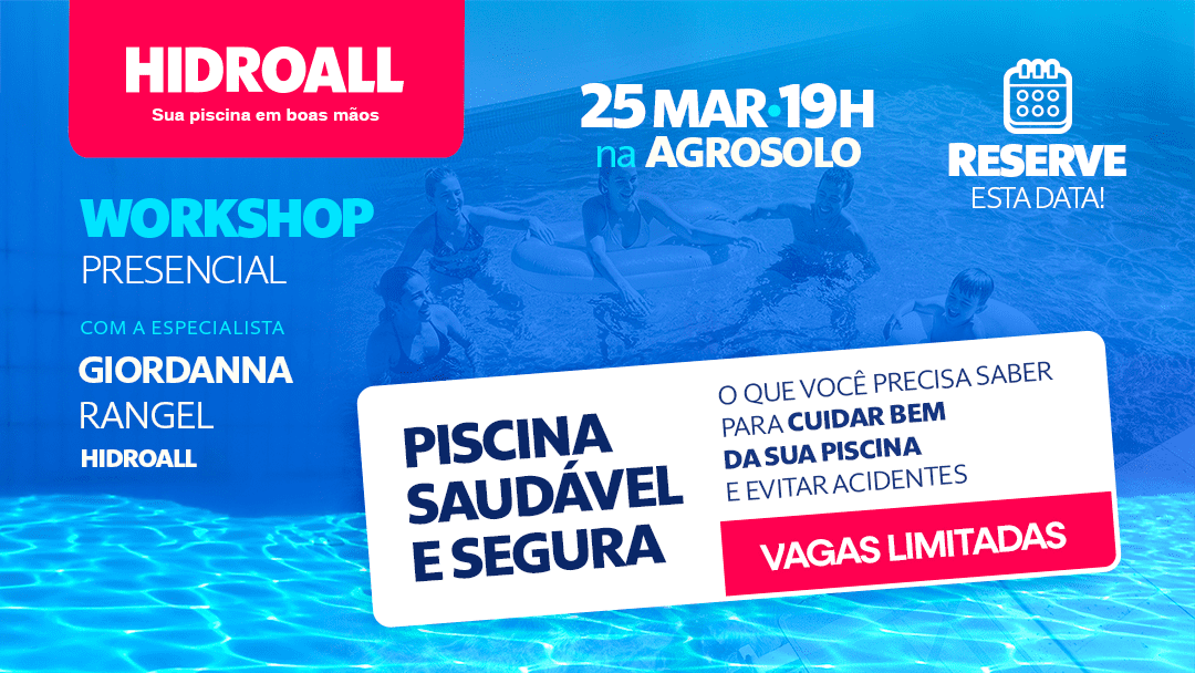 Vem aí mais um workshop da Agrosolo voltado para tratamento de água de piscina. O evento também vai abordar além das boas práticas de tratamento, orientações essenciais para manejo de produtos e prevenção de acidentes.